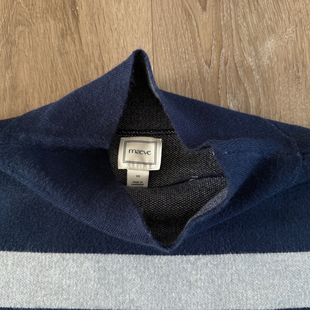 Maeve Anthropologie Striped Mock Neck Sweater Navy Blue Gray XS - Picture 2 of 6